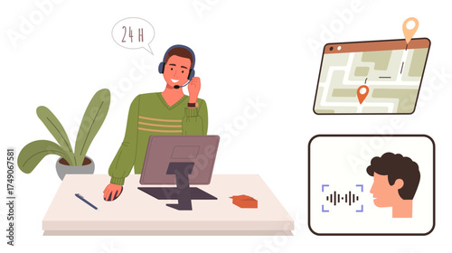 Customer support agent at desk providing 247 assistance, using navigation software and voice recognition. Ideal for support, technology, assistance, communication, business, customer care, simple
