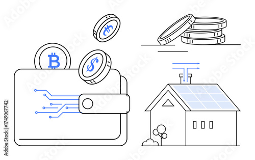 Wallet holding cryptocurrency coins, stacked coins, and a solar-powered house with panels. Ideal for finance, cryptocurrency, renewable energy, sustainability, blockchain, investment modern