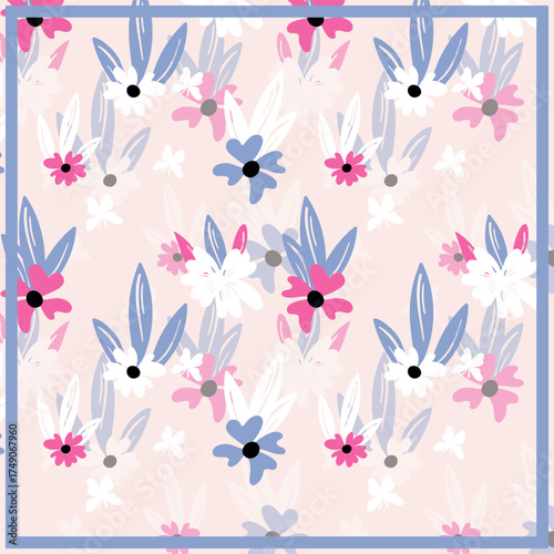 Print for kerchief, bandana, scarf, handkerchief, shawl, neck scarf. Squared pattern with ornament for fabric, textile, silk products. Paisley vector with abstract flowers. Floral folk tracery.