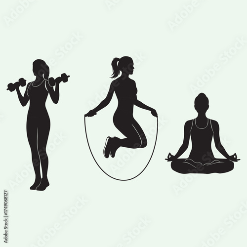 Silhouettes of women engaged in various fitness activities including weightlifting jump rope and yoga