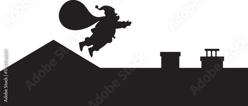 Black silhouette of Santa Claus flying over rooftops with a gift sack black and white Christmas