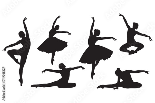 Collection of silhouettes of ballet dancers in various graceful poses and movements