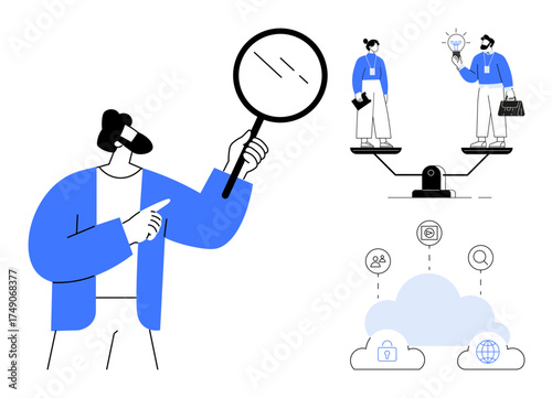 Person with magnifying glass examining, two individuals balancing on scales, cloud with security and networking symbols. Ideal for analysis, decision-making, team management, business strategy