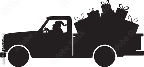 Black silhouette of Santa Claus driving a pickup truck loaded with Christmas gifts presents