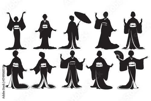 Collection of silhouettes of japanese women in traditional kimono poses and attire