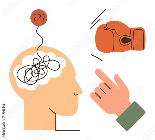 Tangled brain thought with question marks, pointing hand, and boxing glove signifying mental conflict, aggression, and decision-making. Ideal for psychology, stress, problem-solving, mental clarity