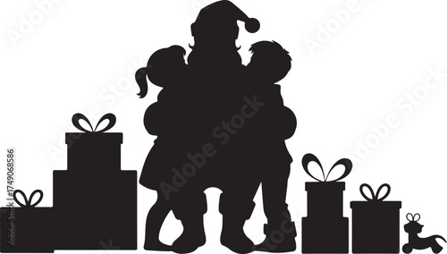 Black silhouette of Santa Claus hugging two children surrounded by gift boxes and a dog gifts