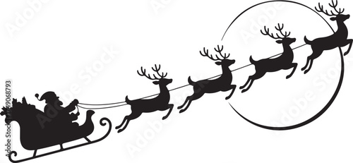 Black silhouette of Santa Claus in a sleigh pulled by reindeer flying across a circular moon Christmas