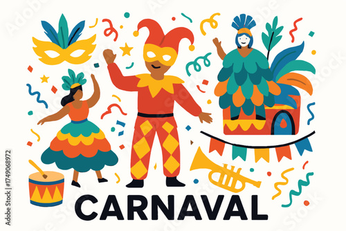 Cayenne Festival Celebration Illustration Featuring Masks Costumes Musical Instruments Parades and Festive Decorations in Centered Flat Minimal Style