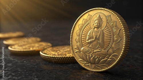 Golden coins with intricate carvings featuring a serene deity symbolising prosperity and wealth during the auspicious Dhanteras festival