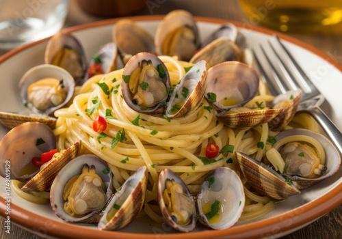 Delicious spaghetti vongole with fresh clams and garlic