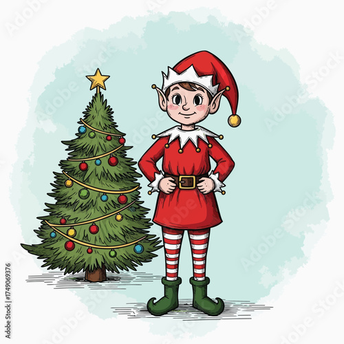 Charming illustration of a christmas elf standing next to a decorated tree, isolated on white background, perfect for holiday greetings and designs
