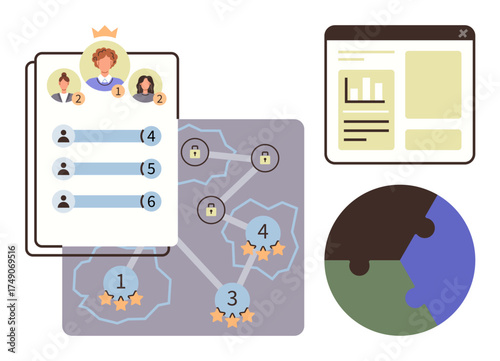 Leaderboard with user rankings, network map of locked goals, puzzle infographic, and analytics dashboard. Ideal for teamwork, performance tracking, gamification, leadership, collaboration education