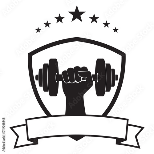 Strong fist holding dumbbell inside shield emblem with stars and banner for fitness and gym logo