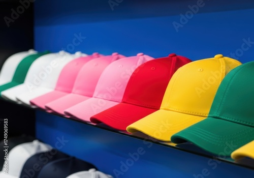 Colorful baseball caps displayed in a row on a shelf
