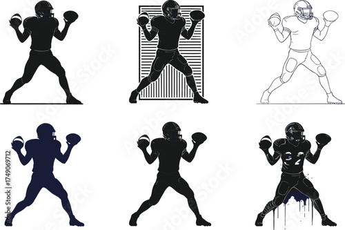 American football quarterback illustration, male athlete holding ball, silhouette and sketch styles, vector sports pose set for design, animation, campaign
