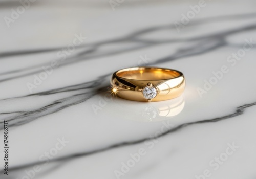 Elegant gold ring with a single diamond on a marble surface