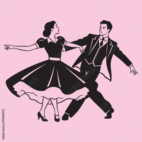 Retro couple dancing swing dance with joy and energetic movement on a pink background