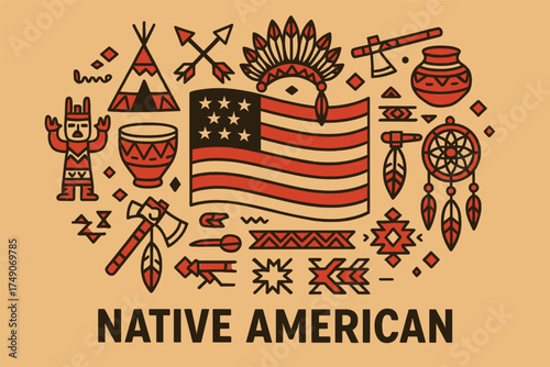 American Indian Heritage Day Celebration in the United States Illustration with Indigenous Symbols Tribal Ornaments Cultural Icons and Native Pride in Flat Minimal Style