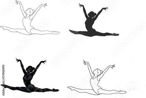 Ballet dancer leap illustration, ballerina grand jeté pose, silhouette, line art, geometric style, motion effect, abstract ballet vector set