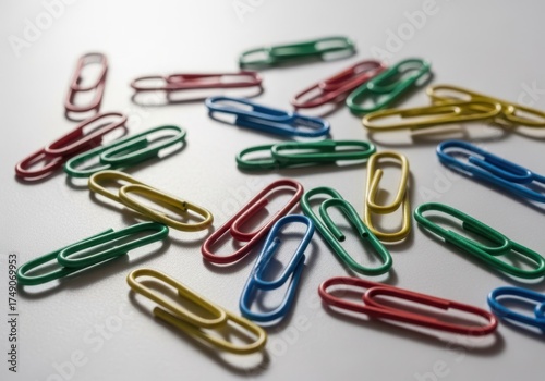 Colorful assortment of metal paperclips scattered on a light surface
