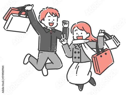 笑顔で買い物をする若い男女の2色イラスト
