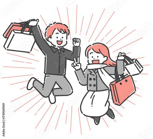 買い物をして喜ぶ若い男女の2色イラスト