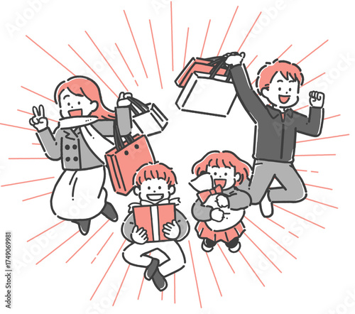 買い物をして喜ぶ4人家族の2色イラスト