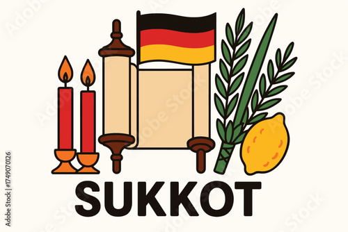 Seventh Day of Sukkot Celebration Illustration Germany with Candles Torah Scroll and Festival Symbols in Minimal Flat Design