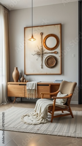 Cozy Modern Living Room with Wooden Furniture and Art Decor