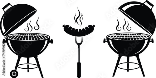 Barbecue grill silhouette vector, black cooking icon illustration, sausage on fork, steam rising, outdoor kitchen tool, summer food prep concept