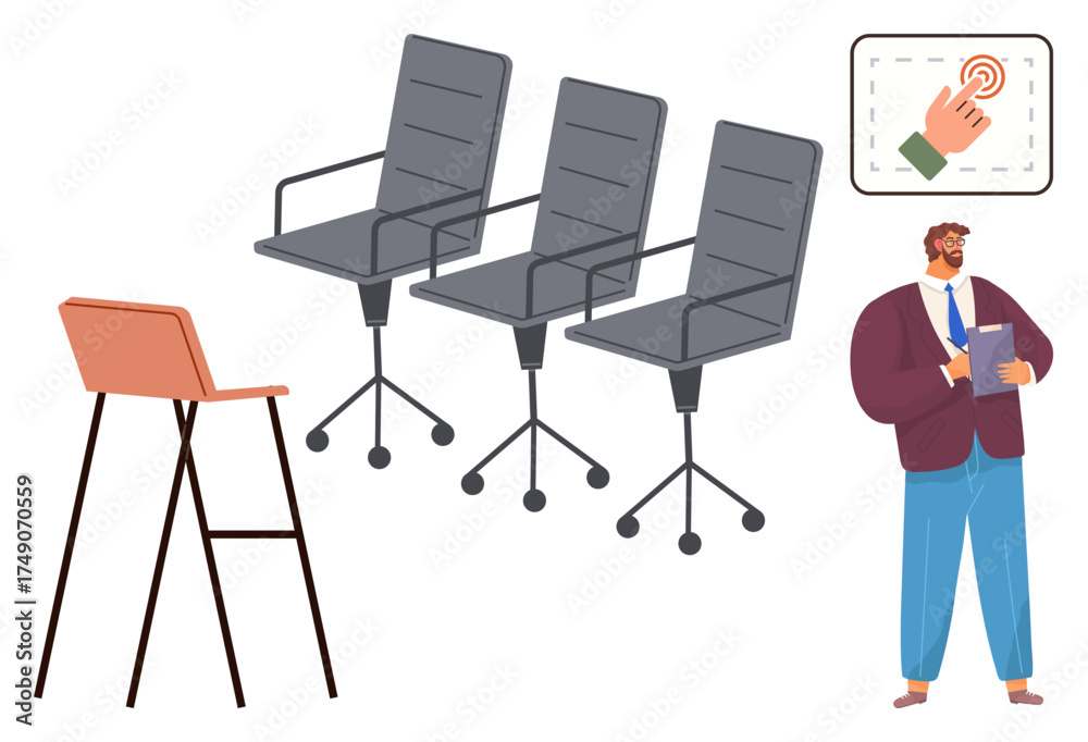Fototapeta premium Businessman holding documents near a tall stool, three office chairs, and a touch interaction icon. Ideal for business strategy, workplace design, team meeting, collaboration, decision-making