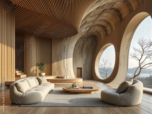 Modern Organic Living Room with Curved Wooden Architecture and Large Circular Windows
