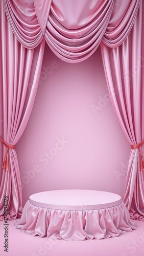 Elegant Pink Curtains and Podium Stage Setup
