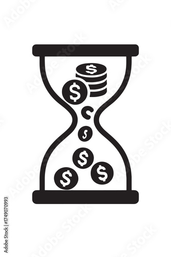 Black hourglass with falling dollar coins inside time money