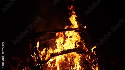 Intense Flames Erupting from a Log Fire in a Dark Night Setting