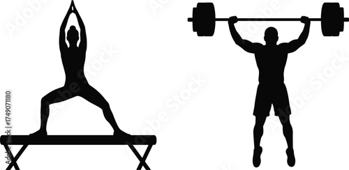 Fitness silhouette illustration showing woman yoga balance pose and man weightlifting exercise for gym training and healthy lifestyle concept design