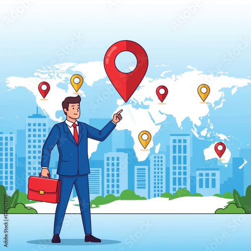 Businessman pointing at location pin on world map isolated on white background