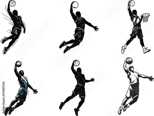 Basketball slam dunk vector illustration, dynamic athlete action pose, high-energy sports artwork, professional player silhouette, competitive game moment, isolated graphic design