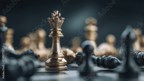 Business competition concept with chess king standing among fallen pieces, high detail