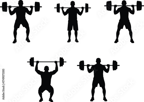 Silhouette Men Lifting Barbell Weights in Different Strength Training and Gym Workout Poses Vector Illustration for Fitness and Bodybuilding Concept