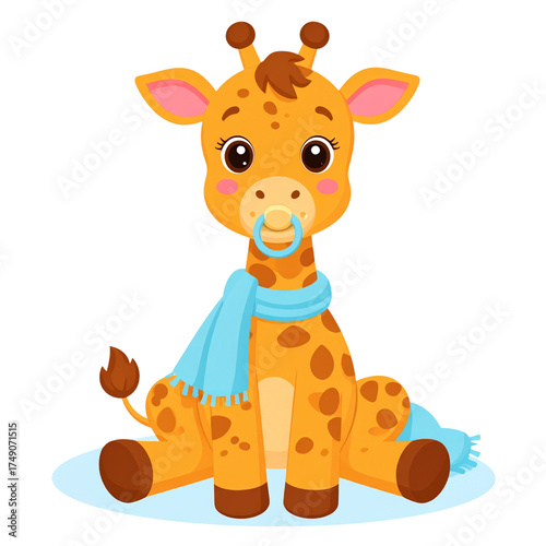 Photography Vector PNG of a baby giraffe sitting, holding a pacifier, wrapped in a cozy blan