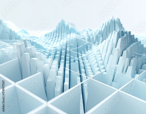 Abstract Isometric Landscape 3D Illustration with Grid Lines and Geometric Shapes