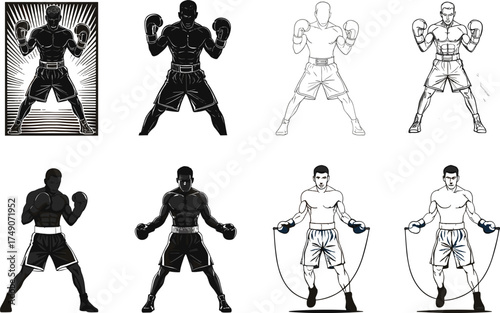 Boxer character illustration, fighting stance, jump rope pose, stylized vector set, sports training, dynamic motion, male athlete, sketch to shaded variations