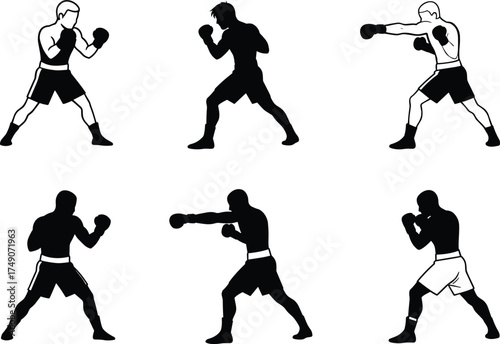 Boxing silhouette vector, dynamic fighter stances, black illustration of athletes, gloves, punch, defense, training pose, combat movement, sports action design