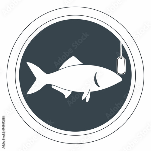 Fish badge icon with freshness tag, circular border, flat vector