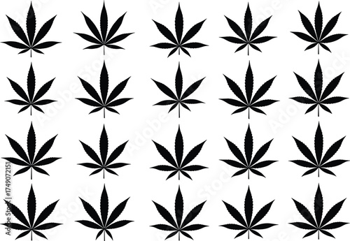 Cannabis leaf silhouette set, black vector icons, symmetrical foliage shapes, herbal design elements, decorative marijuana leaves, editable graphic collection, nature symbol pack