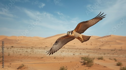 Fototapeta Naklejka Na Ścianę i Meble -  A falcon soaring above the desert landscape with a clear blue sky and sand dunes visible behind it
