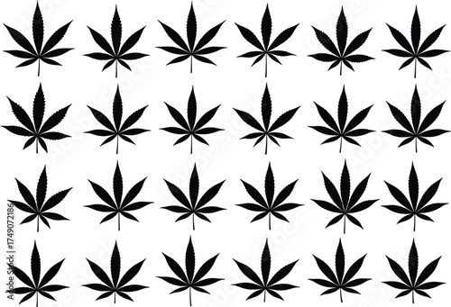 Cannabis leaf silhouette collection, black vector foliage icons, symmetrical herbal shapes, marijuana plant design elements, editable nature graphics, decorative botanical illustration set