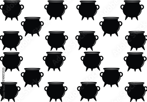 Cauldron silhouette vector, black cooking pot illustration, magical object grid, Halloween theme, witchcraft icon, spooky kitchen design, uniform pattern layout